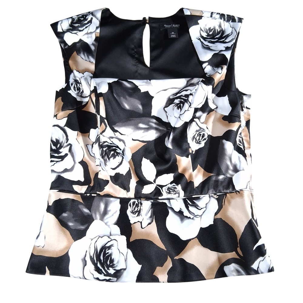 White House Black Market Floral Peplum Top Black Gold Rose Office Wear Blouse 10